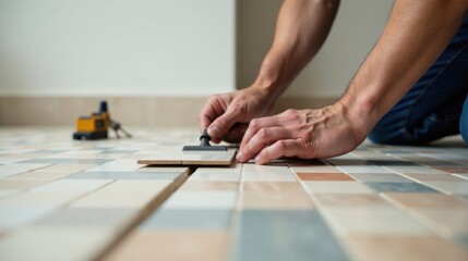 Obraz premium Close-up of a person installing tile flooring, using a grout spreader and focusing on precision and detail.