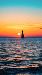 Vivid Sunset Over Ocean Horizon with Sailboat