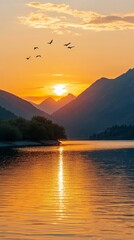 Fototapeta premium Stunning Sunset Over Mountain Lake with Birds