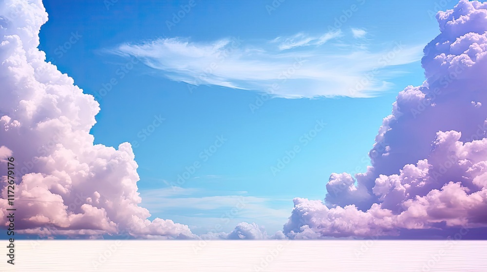 Poster minimal skies idea. a serene sky with fluffy clouds and vibrant blue hues creating a tranquil atmosp
