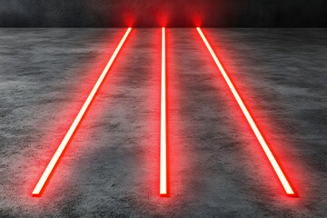 Abstract image of three parallel red neon lights illuminating a dark concrete floor.  Perfect for backgrounds, technology, or futuristic designs.