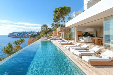 Fototapeta premium Modern Luxury Villa with Infinite Pool and Scenic Sea View on a Sunny Day in a Resort Location