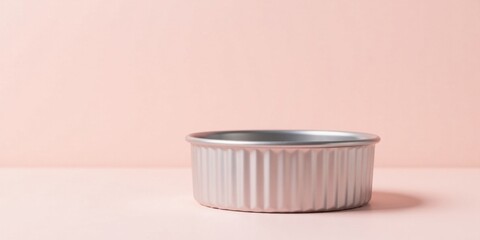 A fluted, silver-toned, round baking pan sits on a pale pink surface