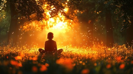 Serene sunset meditation in forest clearing.