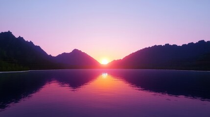 Fototapeta premium A serene sunset reflecting over a calm lake surrounded by mountains.