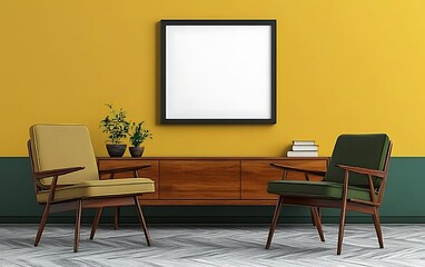 Mid-century modern living room, yellow wall, two armchairs, wooden sideboard, mockup frame.