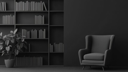 Monochromatic room interior with armchair, bookshelf, and plant.