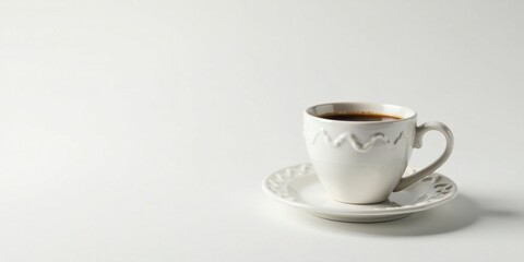 Obraz premium A single serving of dark roasted coffee in an elegant white cup and saucer on a pristine white background