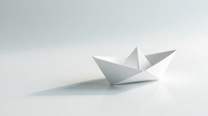 Fototapeta premium A solitary white paper boat floats on a minimalist background, symbolizing hope, journey, and dreams.