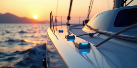 Obraz premium Serene Sunset Sailboat Cruise Illuminated Deck at Golden Hour