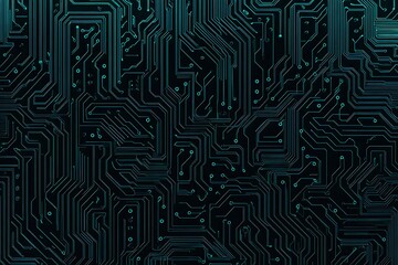 Abstract close-up of a glowing blue digital circuit board, showcasing intricate connections and technological design on a black background.
