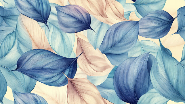 Blue and white leaves seamless pattern background of fabric. Hand drawing line of nature banner.