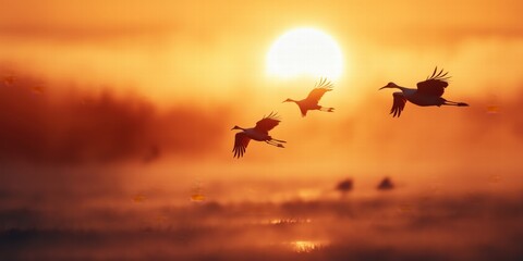 Obraz premium A breath taking shot of Red-Crowned Cranes in flight above the misty Kushiro wetlands at sunrise