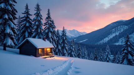 Fototapeta premium A cozy cabin nestled in a snow-covered forest at sunset, illuminated from within, with a snowy path leading to it, and a mountain range in the background.