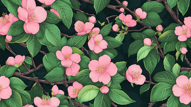 Plum flower on dark green background with seamless floral pattern in chinese painitng style. 