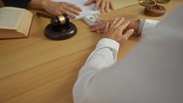 Judge handling money on a desk with a gavel, book, and scales in a courtroom setting