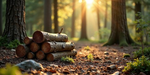 Obraz premium Forest path illuminated by golden sunlight, stack of logs resting on the ground, tranquil woodland scene