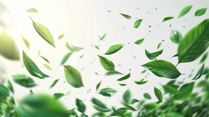 A serene 3D illustration of flying green leaves illuminated by gentle sunbeams, creating a vibrant and peaceful nature effect. Perfect for backgrounds, environmental concepts, and spring themes.