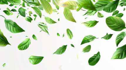 A serene 3D illustration of flying green leaves illuminated by gentle sunbeams, creating a vibrant and peaceful nature effect. Perfect for backgrounds, environmental concepts, and spring themes.