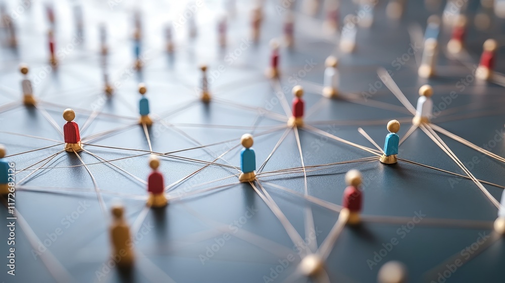 Poster abstract representation of global network connections with colorful figures interconnected by lines 