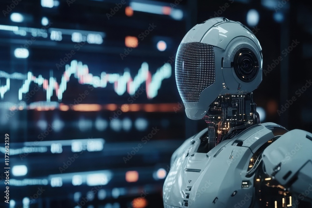 Poster advanced humanoid robot standing in front of a data display in a futuristic setting