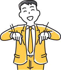両手で下を指さすビジネスマン