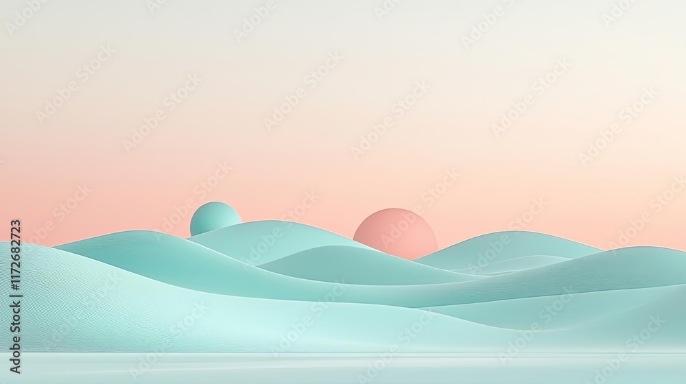 Poster minimal skies idea. abstract landscape with rolling hills and soft pastel colors under a serene sky.