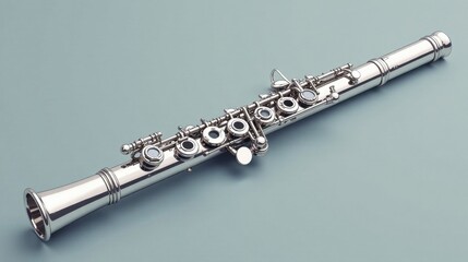 Naklejka premium A gleaming silver flute rests on a muted background, showcasing its intricate details and elegant design.