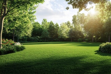 Fototapeta premium Lush green garden during late afternoon sunlight with trees and flowers