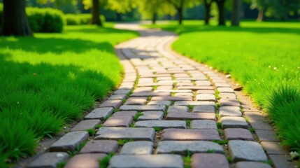 Serene Winding Brick Path Through Lush Green Grassy Landscape