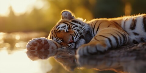 Obraz premium A close-up of an Asian Tiger napping on its back near a tranquil waterhole