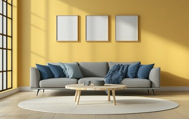 Fototapeta premium Modern living room, yellow wall, gray sofa, sunlit interior, cozy design, home decor.
