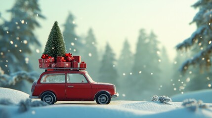 Festive Red Car with Christmas Tree and Gifts in a Snowy Winter Wonderland