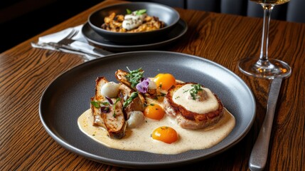 Gourmet dish featuring eggs, sauce, and garnishes on a plate.