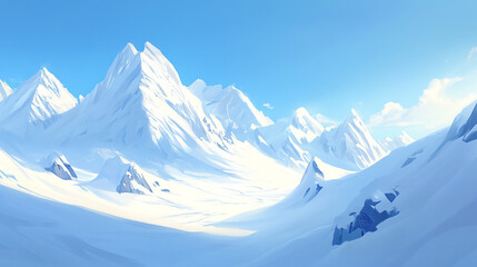 a snowy mountain landscape with trees and snow covered surface, Winter season morning snow covered mountains under a clear sky, Beautiful snow covered view of mountains from valley in winter season.