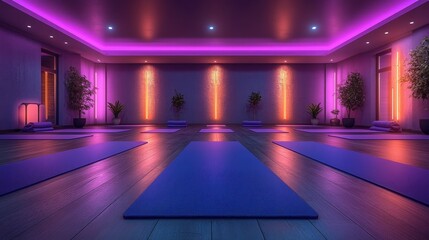 Serene yoga studio, purple lighting, plants, mats.