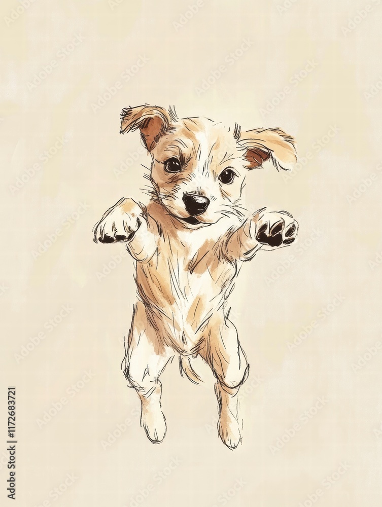 Aufkleber joyful puppy jumps playfully against a soft background in an illustration capturing its lively spiri