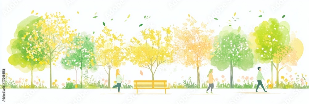Poster playful doodle of a sunny park filled with trees and people enjoying a leisurely stroll in a cheerfu