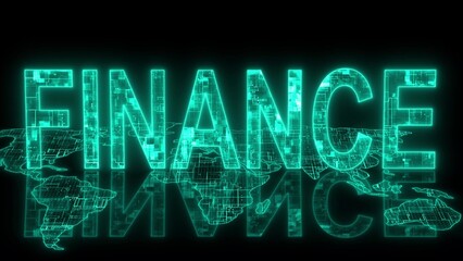 3d finance text technology earth map cyan glow