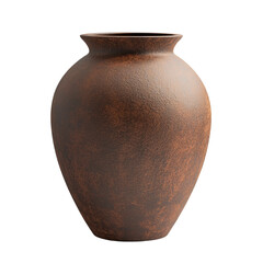 a rustic brown textured earthenware vase with a short neck isolated on a white background