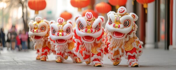 Chinese new year Vibrant lion dance performers in dynamic motion, glowing red and gold costumes under festive lanterns, capturing the energy of Chinese New Year