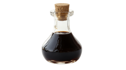 A glass bottle with dark balsamic vinegar, isolated on transparent background