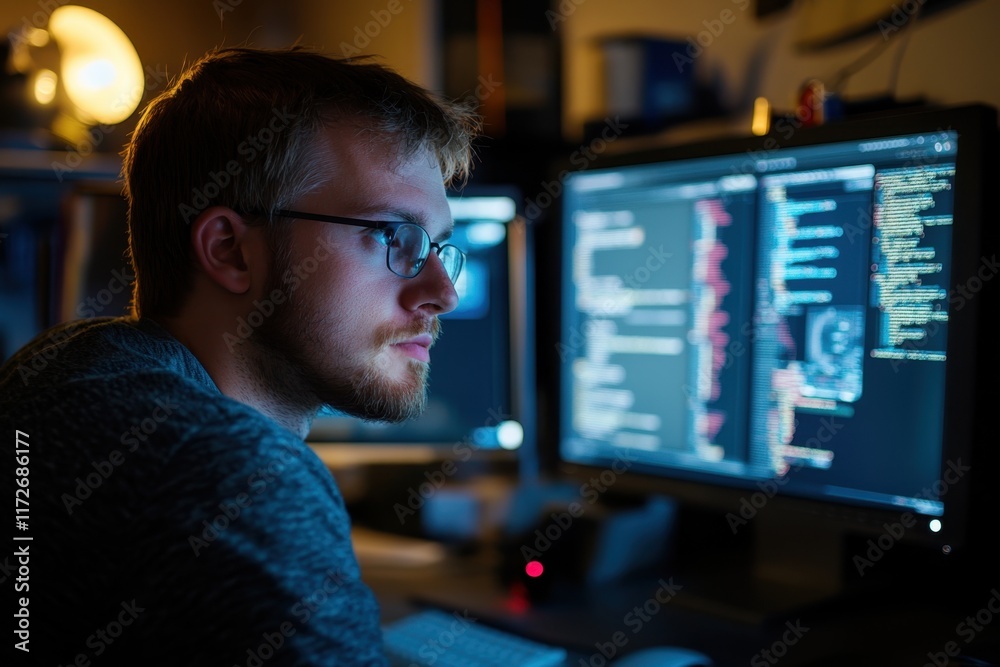 Poster focused developer working late at night on multiple computer screens displaying code