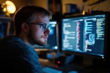 Focused developer working late at night on multiple computer screens displaying code