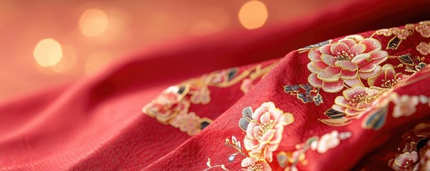 Chinese new year traditional clothing concept. Close-up of intricate floral patterns on a red hanfu dress, glowing golden light enhancing its beauty and texture
