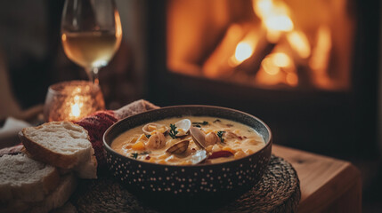 Cozy evening with warm soup, bread, and wine near a fireplace