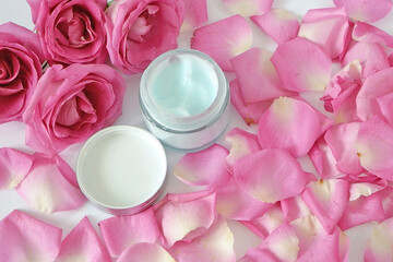 Woman hands using luxury cosmetic cream, cream product tube with roses and petals on white background. Soft cream for hand and nail