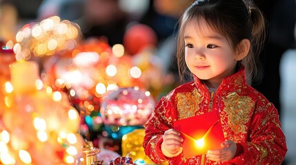 Chinese new year traditional clothing concept. A child in a red jacket with gold accents, holding a glowing red envelope amidst vibrant New Year decorations