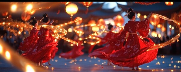 Chinese new year traditional clothing concept. Women wearing red hanfu dresses performing a dance under glowing golden ribbons and lanterns in a festive plaza