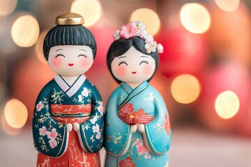Smiling japanese couple figurines wearing traditional kimonos
